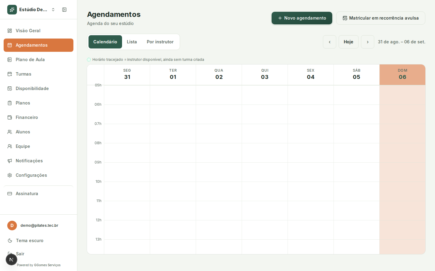 Calendário semanal de Agendamentos, com as turmas de cada dia