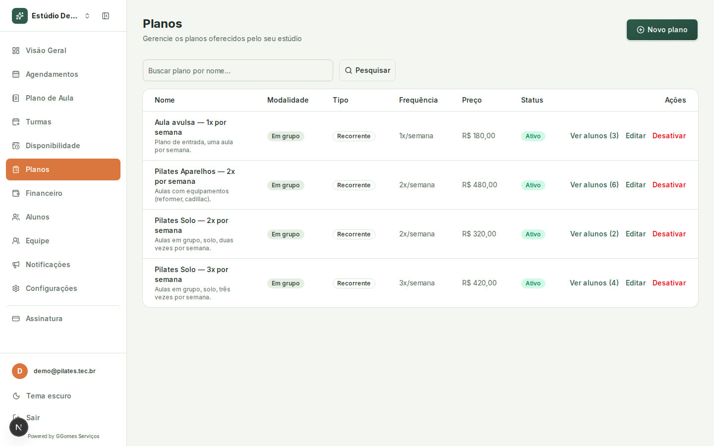 Lista de planos do estúdio, com frequência semanal, modalidade e preço